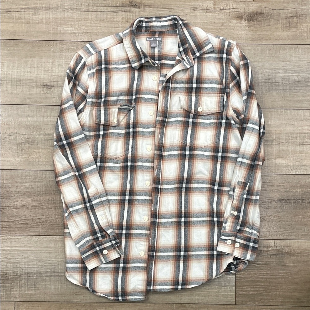 Falls Creek Casual Plaid Button Down Shirt - Brown and Cream